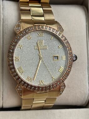 Croton Swiss Quartz Men’s Gold Tone Watch Crystal Bezel Date Sapphire Crystal